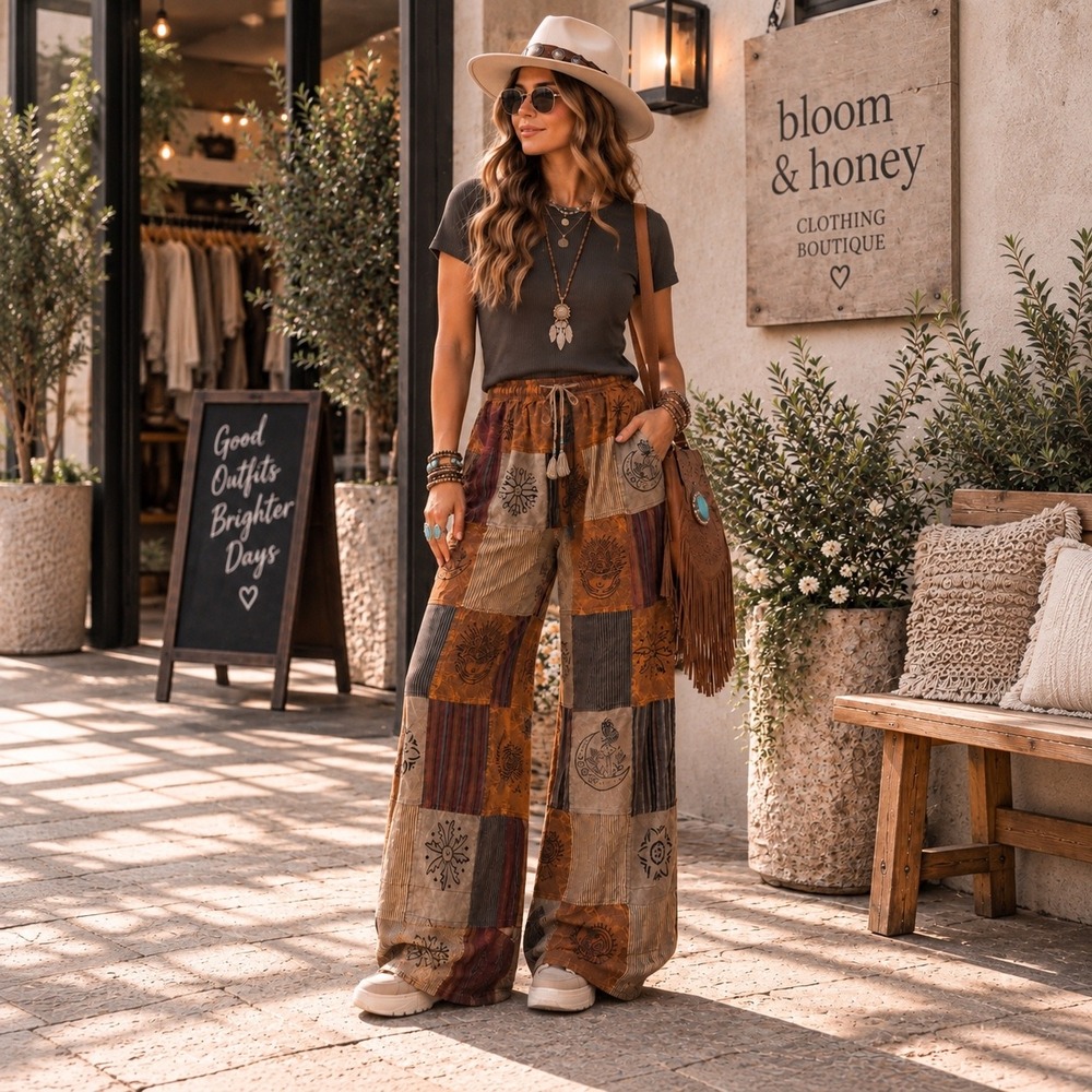 259.New Rising International Boho Patchwork Wide Leg Pants Cotton Sun Moon M